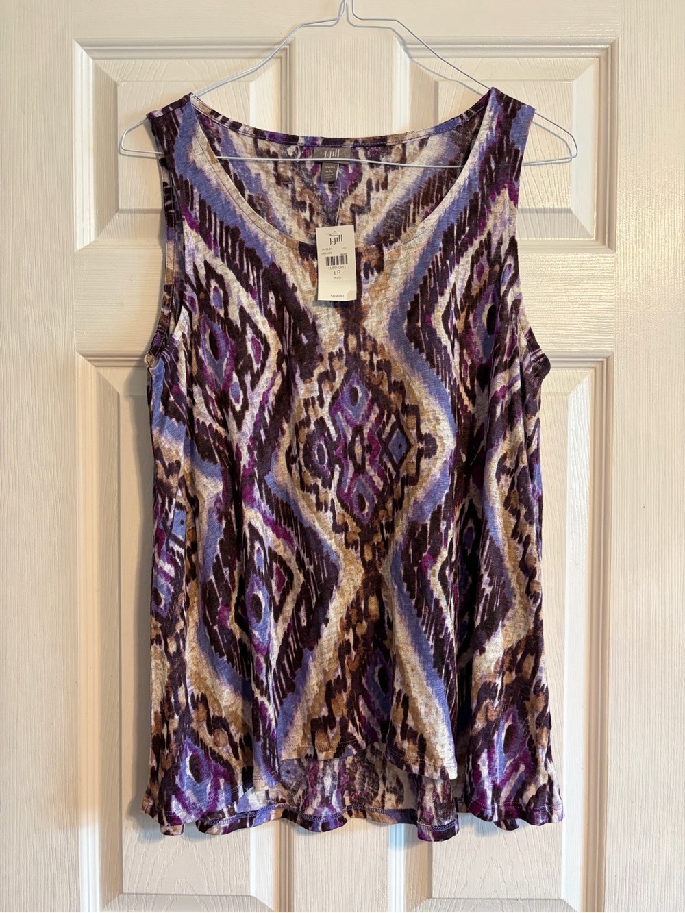 J.Jill Petite Large 100% Linen Tank Top Purple Ikat Print Sleeveless NWT